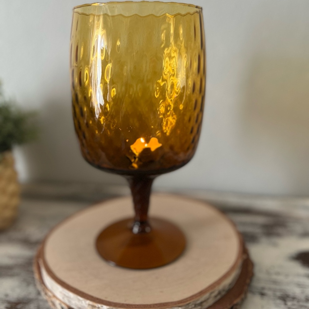Empoli Blown Glass Amber Optic Vase Twist Stem Bowl Candle Holder 9.25” MCM Vtg